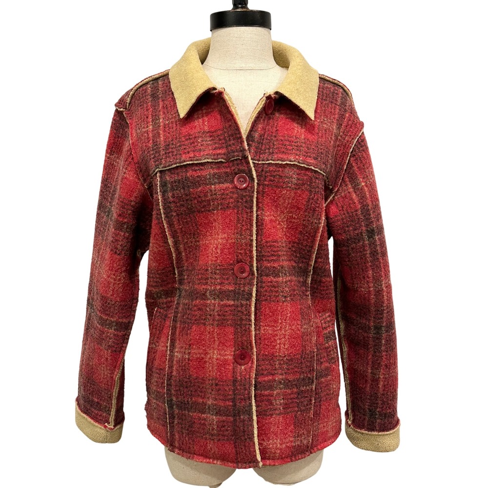 True Grit Womens Gretchen Bonded Plaid Sherpa Lined Jacket Red Black Size M